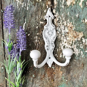 Shabby Chic Iron Wall Hook In Shabby White Coat Key Hook , Rustic Chic Girls Hook , Cottage Style Jewelry Holder Hanger Chippy Antique White image 1