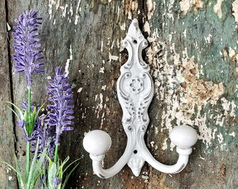 Shabby Chic Iron Wall Hook In Shabby White Coat Key Hook , Rustic Chic Girls Hook , Cottage Style Jewelry Holder Hanger Chippy Antique White