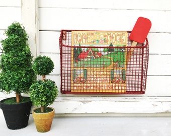 Metal Magazine Basket ,Metal Wire Basket , Chippy Basket Country Red Metal Basket Magazine Holder Industrial Mesh Basket , Magazine Rack