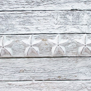May include: Five white starfish are attached to a whitewashed wooden wall. The starfish are arranged in a row, with their points facing outwards.