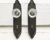Victorian Door Back Plate In Oil Rubbed Bronze , With Scalloped Glass Knobs Set of 2 , Curtain Tie Backs , Door Plate , Antique Door Handle