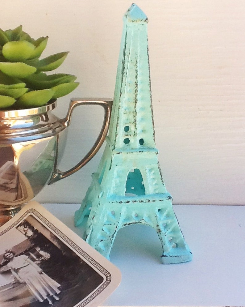 Eiffel Tower Cast Iron-In Aquamarine French Decor-Desk Topper-Shabby Chic-Home Decor-Beach House Decor Romantic Gift-Distressed image 2