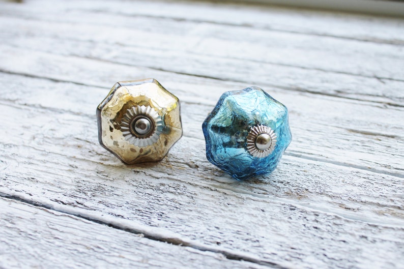 Mirror Glass Melon Furniture Knob Ocean Glass Gold Blue Etsy