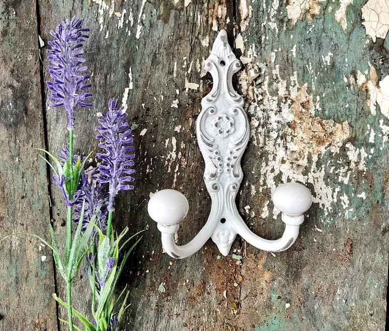 Shabby Chic Iron Wall Hook In Shabby White Coat Key Hook , Rustic Chic Girls Hook , Cottage Style Jewelry Holder Hanger Chippy Antique White image 1