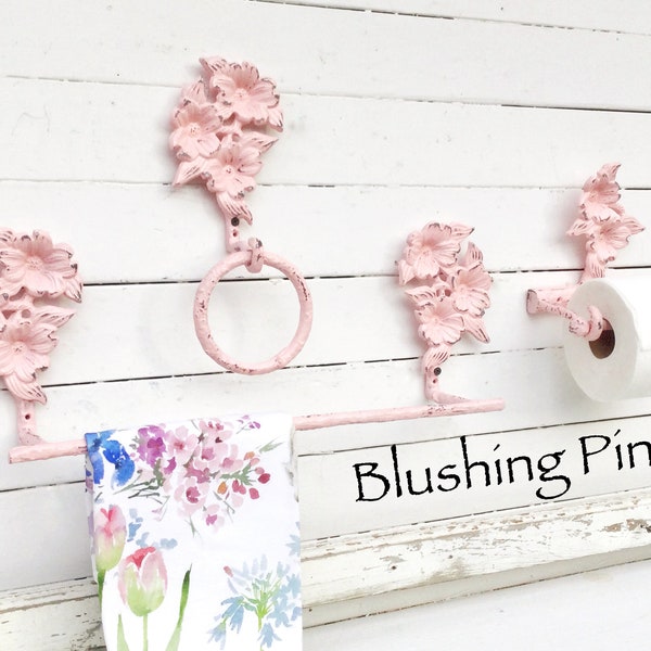Rustic Bathroom Decor, Flower  Bathroom Decor, Metal Flower Towel Ring , Toilet Paper Holder , Rustic Decor, Bathroom Organization ,  Gray