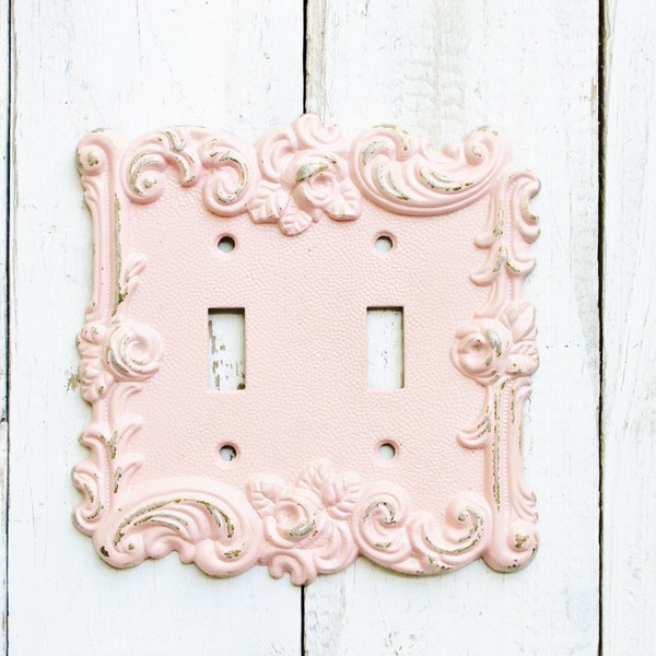 Shabby Cottage Chic Metal Double Switch Plate Cover-In Blushing Pink- Rose Style -Rustic Home Decor-Bathroom Accessories-Housewarming Gift