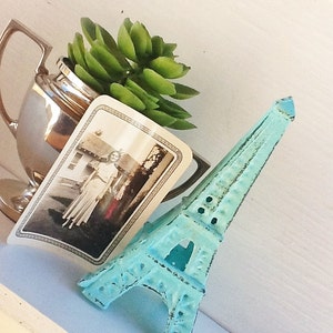 Eiffel Tower Cast Iron-In Aquamarine French Decor-Desk Topper-Shabby Chic-Home Decor-Beach House Decor Romantic Gift-Distressed image 1