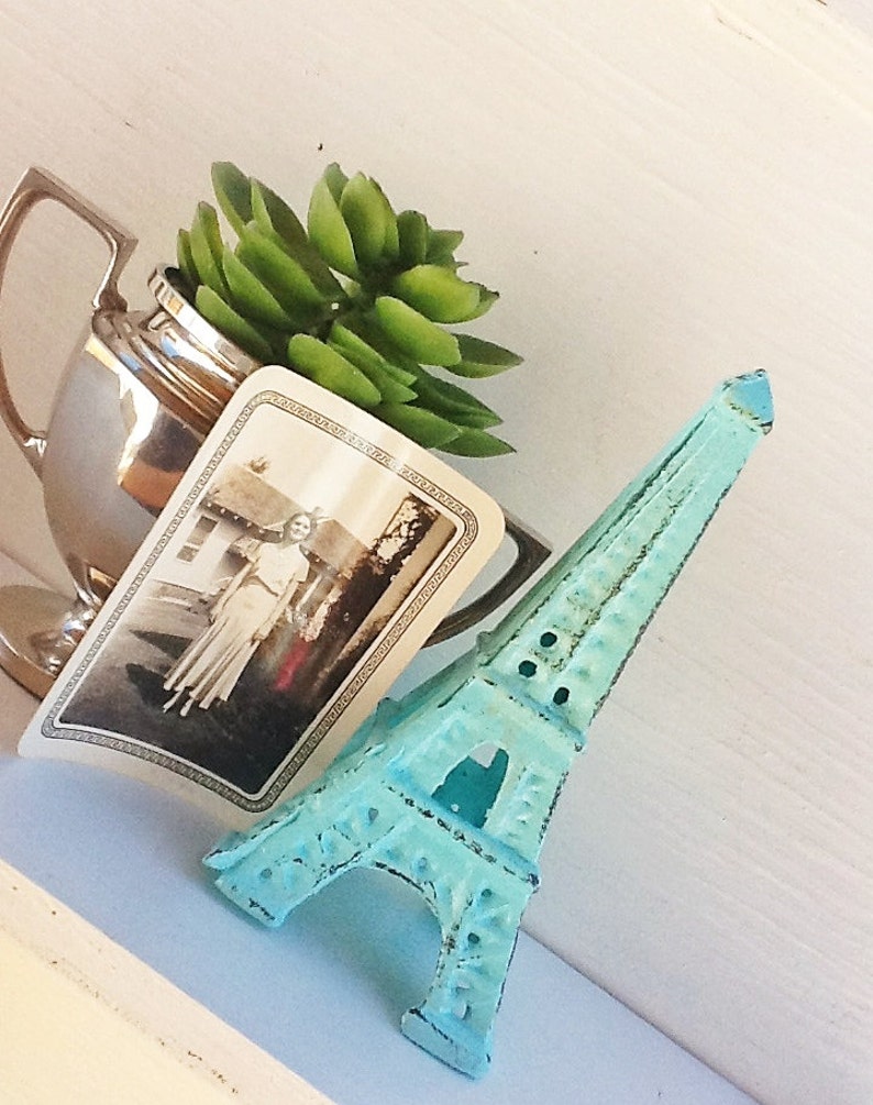 Eiffel Tower Cast Iron-In Aquamarine French Decor-Desk Topper-Shabby Chic-Home Decor-Beach House Decor Romantic Gift-Distressed image 1