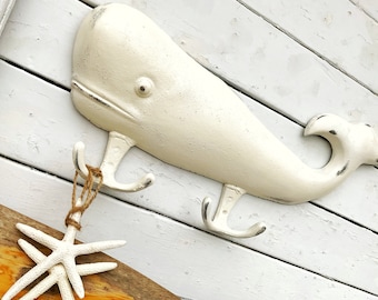 Whale Double Wall Hook In Creamy Ivory , Nautical Towel Hook , Whale Decor , Iron Hook For Wall , Hat Jewelry Wall Hanging Animal Sea Hook