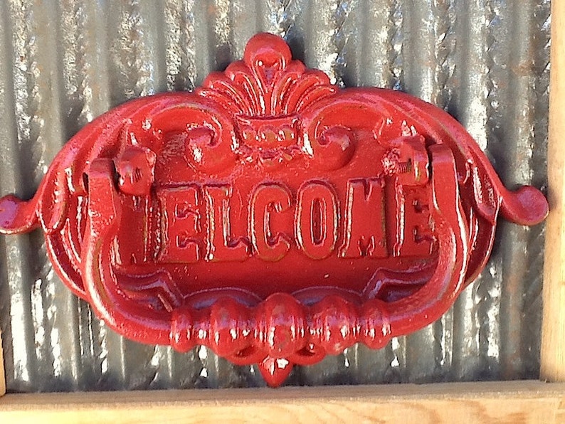 Red Door Knocker / Painted Cast Iron / Vintage Inspired / Home Decor / Country Red Welcome Sign / Metal Decor/Fall Trends/New Home image 4