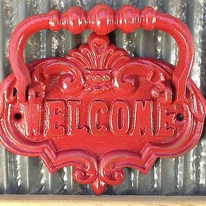 Red Door Knocker / Painted Cast Iron / Vintage Inspired / Home Decor / Country Red Welcome Sign / Metal Decor/Fall Trends/New Home image 3