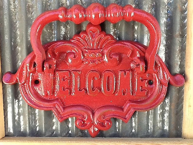 Red Door Knocker / Painted Cast Iron / Vintage Inspired / Home Decor / Country Red Welcome Sign / Metal Decor/Fall Trends/New Home image 3