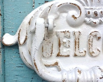 Door Knocker / Rustic Cast Iron /  Cottage Inspired Old Fashioned - Shabby Chic White - Front Door Knocker - Metal Wall Decor - Patio Decor
