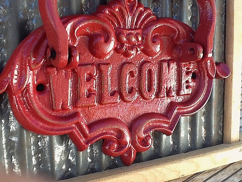 Red Door Knocker / Painted Cast Iron / Vintage Inspired / Home Decor / Country Red Welcome Sign / Metal Decor/Fall Trends/New Home image 2