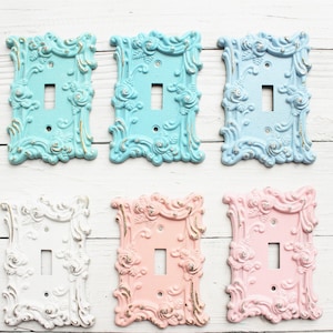 French Rose Wall Decor-Light Switch Cover-Shabby White-Chic-Single Switch Plate- Kitchen -Ornate-Electrical Outlet -Rocker GFI-Wall Plates