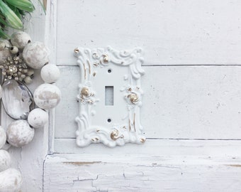 Metal Wall Decor-Light Switch Cover-In White Shabby Chic-Single Switch Cover-Roses-Ornate-Distressed-Spring Flowers-Roses