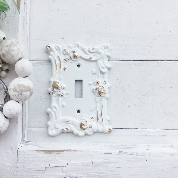 Metal Wall Decor-Light Switch Cover-In White Shabby Chic-Single Switch Cover-Roses-Ornate-Distressed-Spring Flowers-Roses