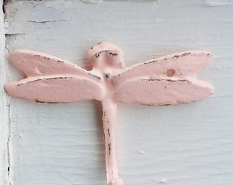 Blushing Pink Dragonfly Wall Hook-Cast Iron-Shabby Chic Hanger-Kitchen Decor-Vintage-Retro Style-Rustic Metal Decor-Wall Decor-Pastels
