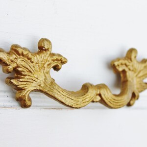 May include: Gold-toned ornate drawer pull with a decorative scroll design. The pull has a floral design on each end.