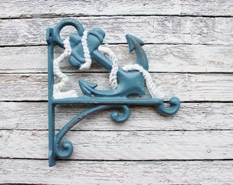 Nautical Anchor Plant Hanger - Cast Iron-White and Slate Blue - Ocean Beach-Sea-Groomsmen Gift-Patio-Metal Wall Decor-Spring Home Decor-