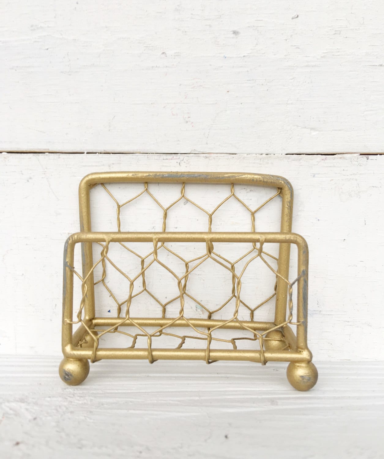 Business Card Holder Antique Muted Gold Chicken Wire Shimmering Metallic Gold, Card Holder Craft Room-Cottage Chic-Rustic Chicken Wire-Booth