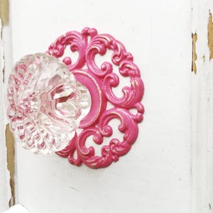 Drawer Knobs , Dresser Drawer Knobs, Back Plate In French Hot Pink Glass Knob, Drawer Knob ,Dresser Hardware Pulls, Decorative Knobs