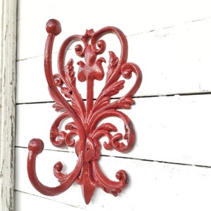 Coat Rack Wall Hook , Coat Hooks ,  Vintage Style Coat Rack , Coat Rack Wall Mount Towel Holder in Country Red Distressed Metal , Bath Hook