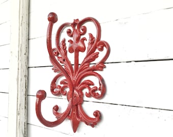 Coat Rack Wall Hook , Coat Hooks ,  Vintage Style Coat Rack , Coat Rack Wall Mount Towel Holder in Country Red Distressed Metal , Bath Hook