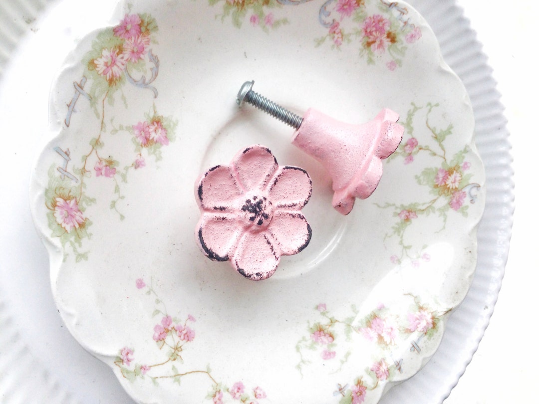 Blushing Pink Flower Knobs , Shabby Chic Dresser Drawer Pulls Knob