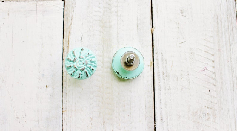 Cast Iron Drawer Pull Handles, Shabby, Aquamarine Hardware, Country Home, Kitchen Cupboard, Anthropologie, Knobs,Distressed Aqua Metal image 2