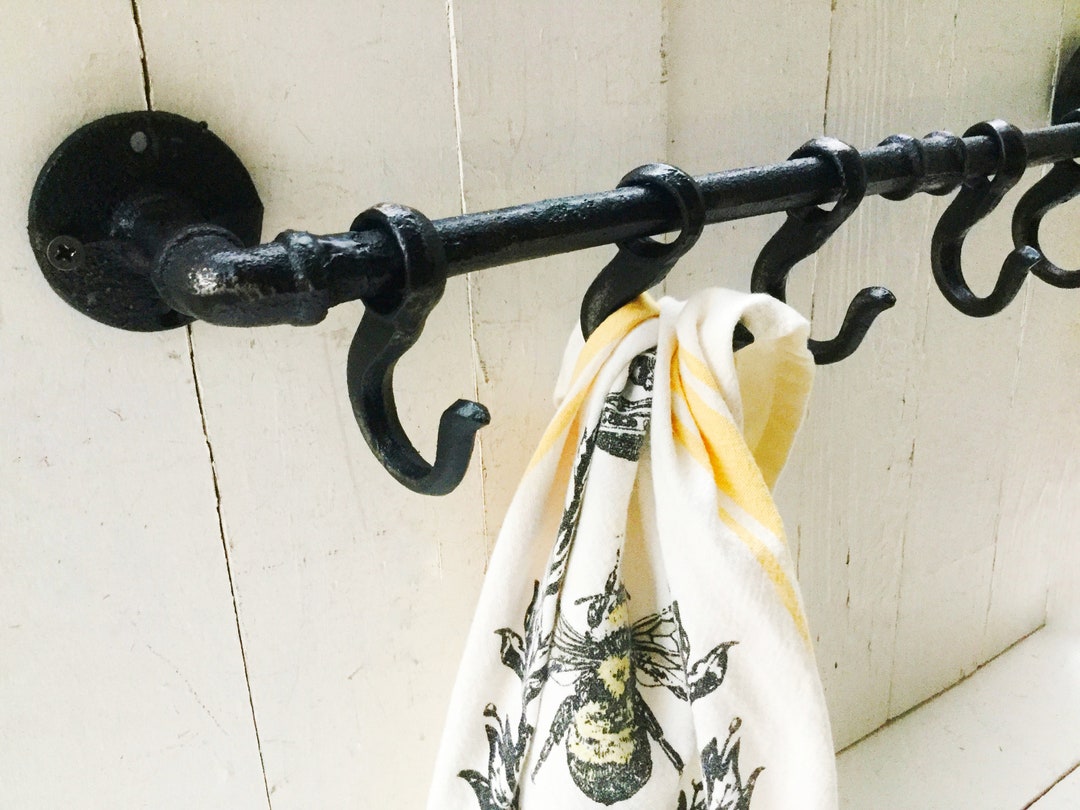 Rustic Victorian Black Bar With Hooks , Kitchen Towel Holder , Hand