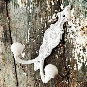 Shabby Chic Iron Wall Hook In Shabby White Coat Key Hook , Rustic Chic Girls Hook , Cottage Style Jewelry Holder Hanger Chippy Antique White image 2