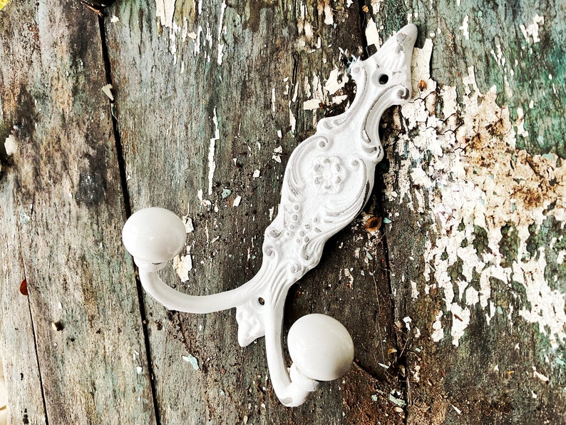 Shabby Chic Iron Wall Hook In Shabby White Coat Key Hook , Rustic Chic Girls Hook , Cottage Style Jewelry Holder Hanger Chippy Antique White image 2