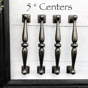 Soft Pewter 5 Inch Center Cabinet Door Pulls Distressed Drawer Hand Antique Pewter Cupboard Knobs 128 MM Pulls Grey Home Decor Rustic Metal