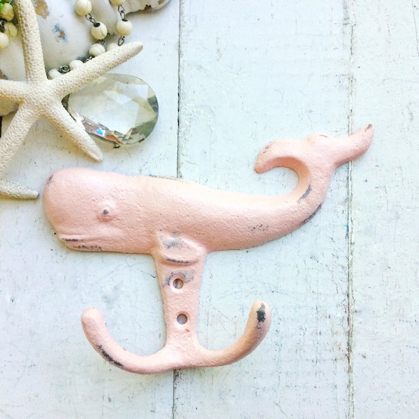 Whale Double Wall Hook In Blushing Pink , Nautical Towel Hook , Whale Decor , Iron Hook For Wall , Hat Jewelry Wall Hanging Animal Sea Hook