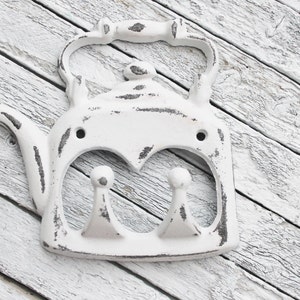 Metal Cast Iron Shabby White Tea Pot Hook- Kettle Apron Towel Coat Wall Hook Holder,Shabby Chic Kitchen Decor,Distressed Hooks