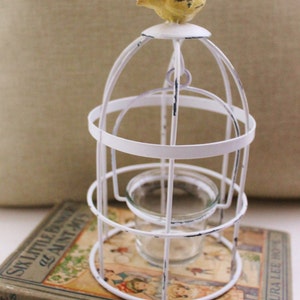 May include: White metal birdcage with a yellow bird on top. The cage has a glass votive holder inside. The cage is sitting on a vintage book.