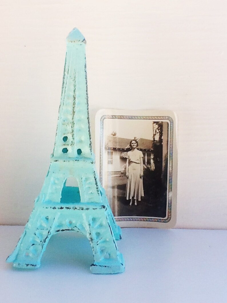 Eiffel Tower Cast Iron-In Aquamarine French Decor-Desk Topper-Shabby Chic-Home Decor-Beach House Decor Romantic Gift-Distressed image 3