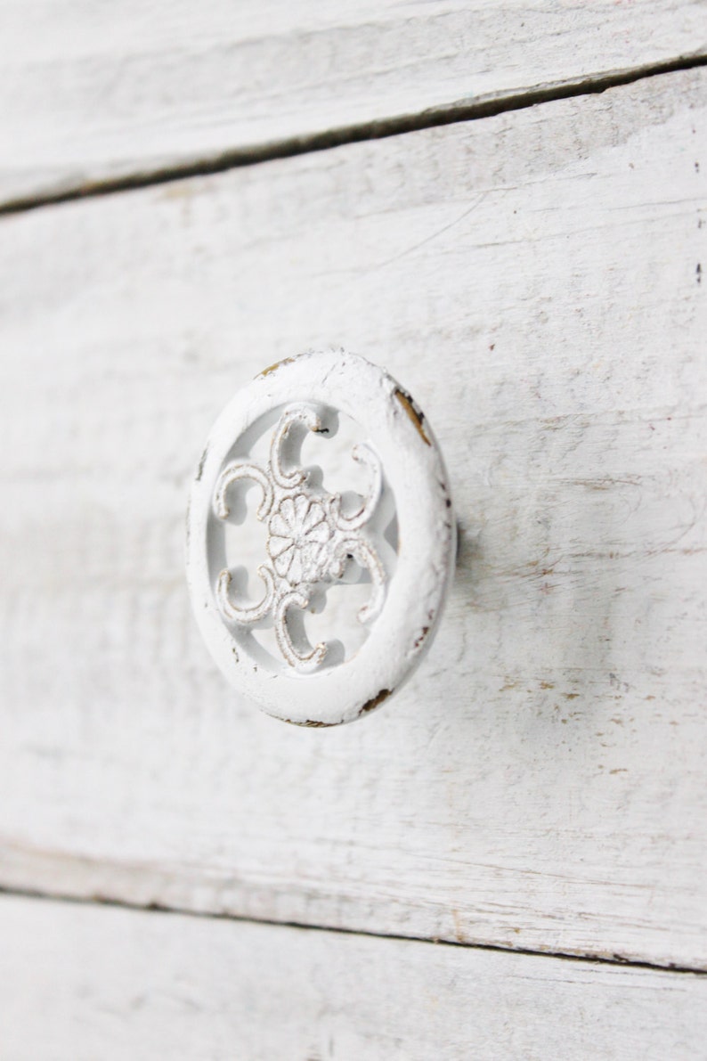 Shabby White Knobs Kitchen Cabinet Pulls , Painted Knobs ,Filigree Style , Furniture Dresser ,Bathroom Drawer , Fall Home, French Cottage image 2