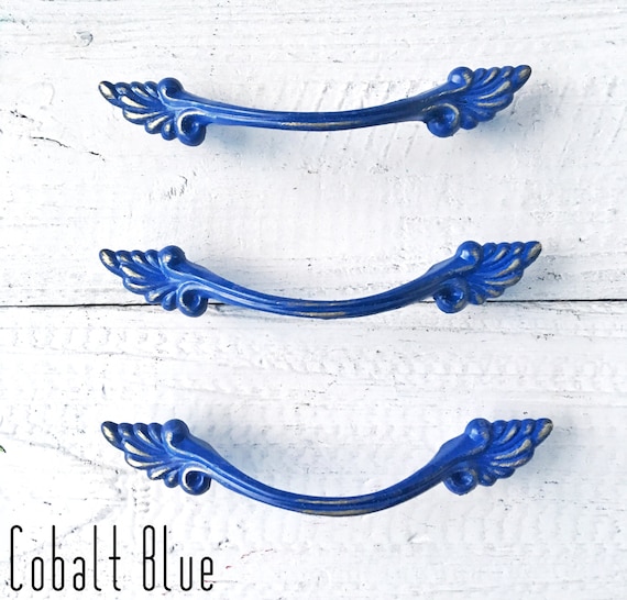blue dresser handles Flower Shaped White And Blue Designer Ceramic Kitchen Cabinet Pull 5 Inch / Brass Antique