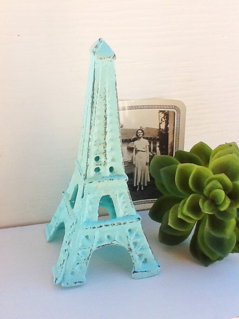 Eiffel Tower Cast Iron-In Aquamarine French Decor-Desk Topper-Shabby Chic-Home Decor-Beach House Decor Romantic Gift-Distressed image 4