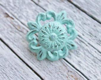 Kitchen Fixture Cabinet Pulls-Cast Iron Knobs-In Aqua Mist -Drawer Hardware-Decorative Knobs-Dresser Pulls-Shabby Knobs-Cottage Style