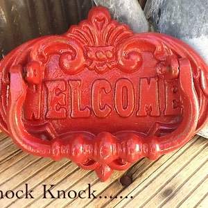 Red Door Knocker / Painted Cast Iron / Vintage Inspired / Home Decor / Country Red Welcome Sign / Metal Decor/Fall Trends/New Home image 1