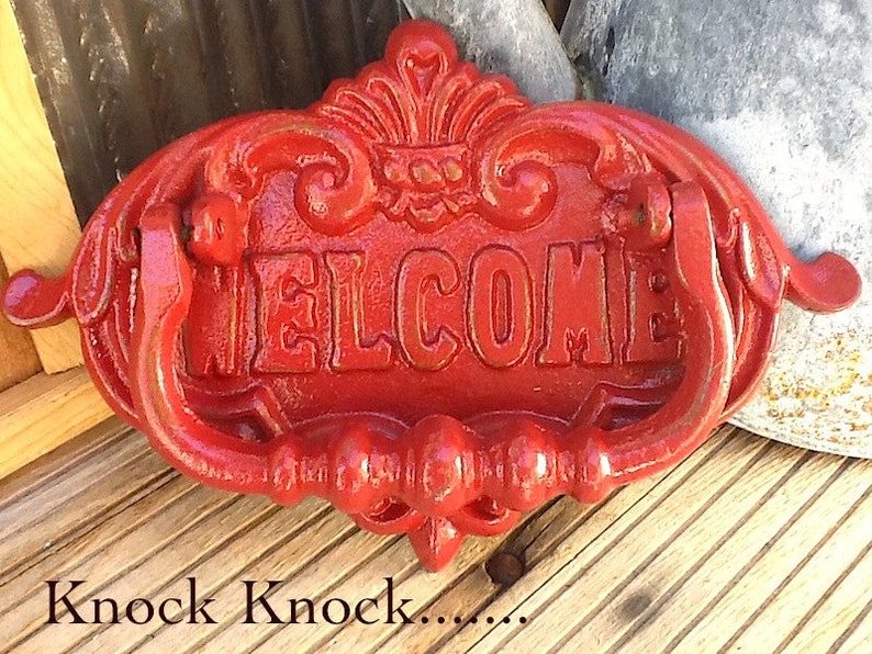 Red Door Knocker / Painted Cast Iron / Vintage Inspired / Home Decor / Country Red Welcome Sign / Metal Decor/Fall Trends/New Home image 1