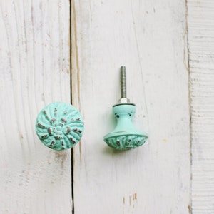 May include: Two decorative cabinet knobs with a distressed, light blue finish. One knob is round and the other is a traditional style with a stem.