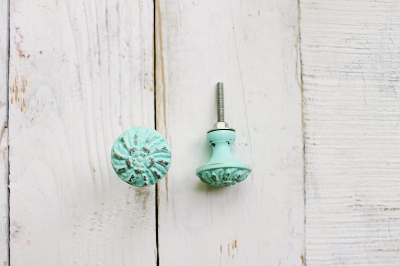 Cast Iron Drawer Pull Handles, Shabby, Aquamarine Hardware, Country Home, Kitchen Cupboard, Anthropologie, Knobs,Distressed Aqua Metal image 1