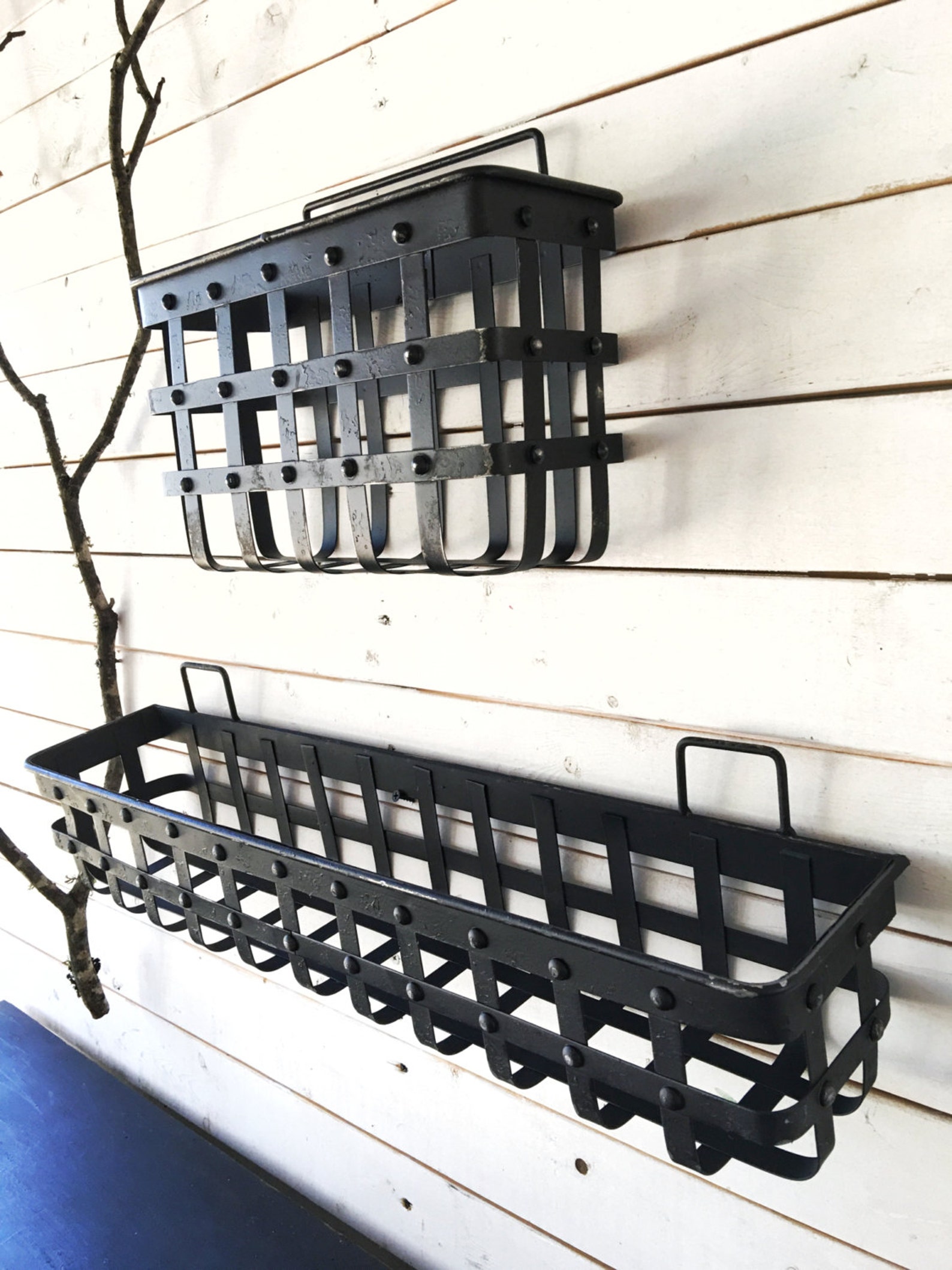Metal Iron Wall Black Basket Hanging Storage Rustic Office Etsy