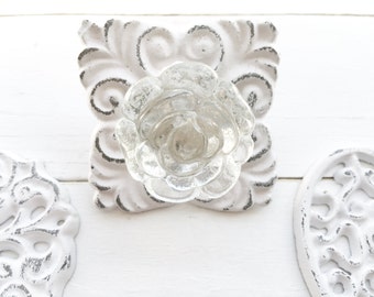 Cast Iron Drawer Pull,Drawer Hardware, Back Plate  Glass Knobs,Kitchen Cabinet Pull Shabby Chic White Painted Cottage Vintage Hardware