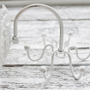 May include: White metal wall mounted hook with a decorative scroll design. The hook has five arms that curve out and up to form a hook shape. The hook is mounted on a white wall.