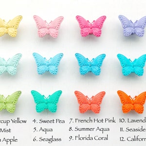 May include: Twelve butterfly-shaped hair clips in various colors, including yellow, pink, blue, green, and orange. The clips are arranged in three rows of four, with numbers and names corresponding to each color.